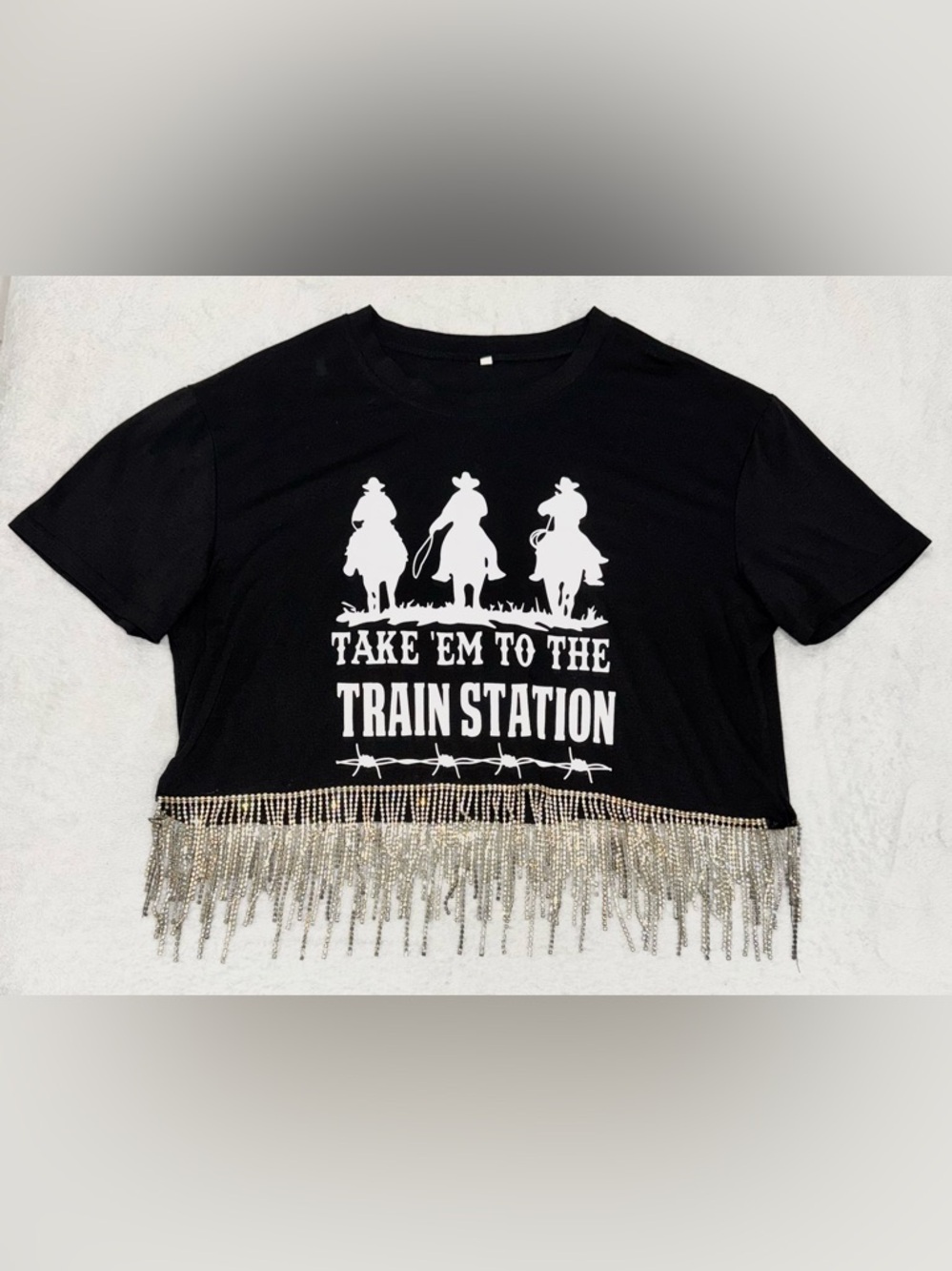 Cowgirl Fringe Crop Tee | “Take Em to the Train Station” | Western Festival | XL